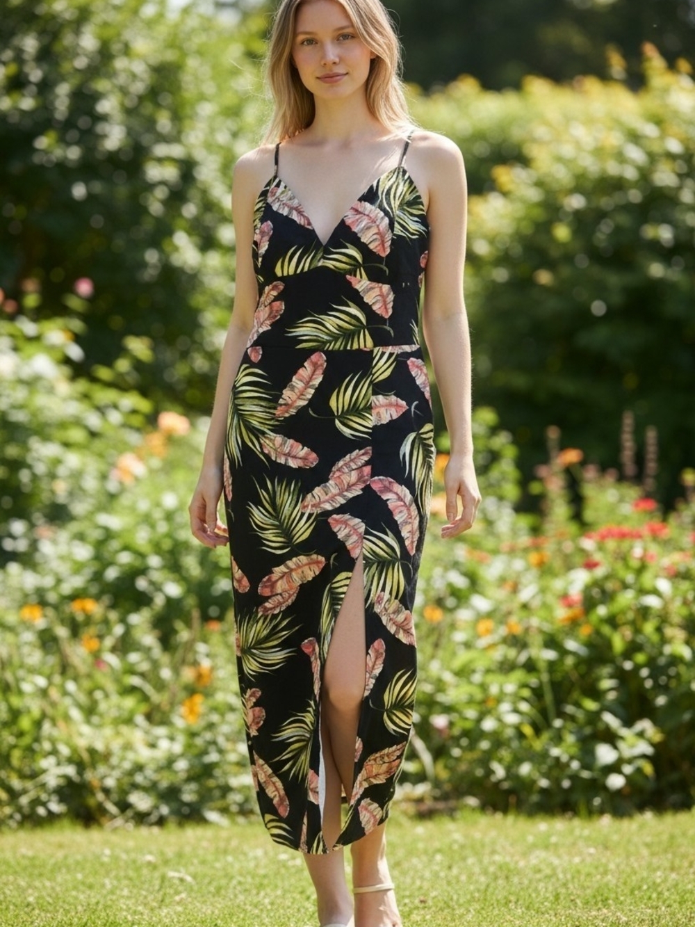 URBAN PLANET Black Tropical Print Midi Dress